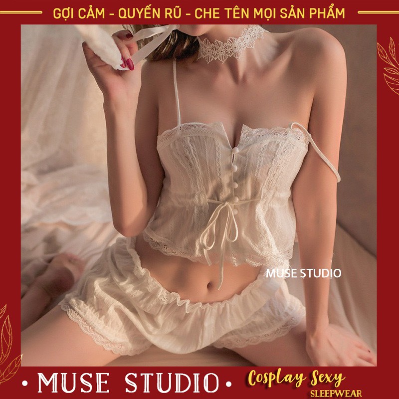 Bộ ngủ 2 dây sexy, chất vải đũi siêu thoáng mát gợi cảm, bộ đồ ngủ quyến rũ màu trắng