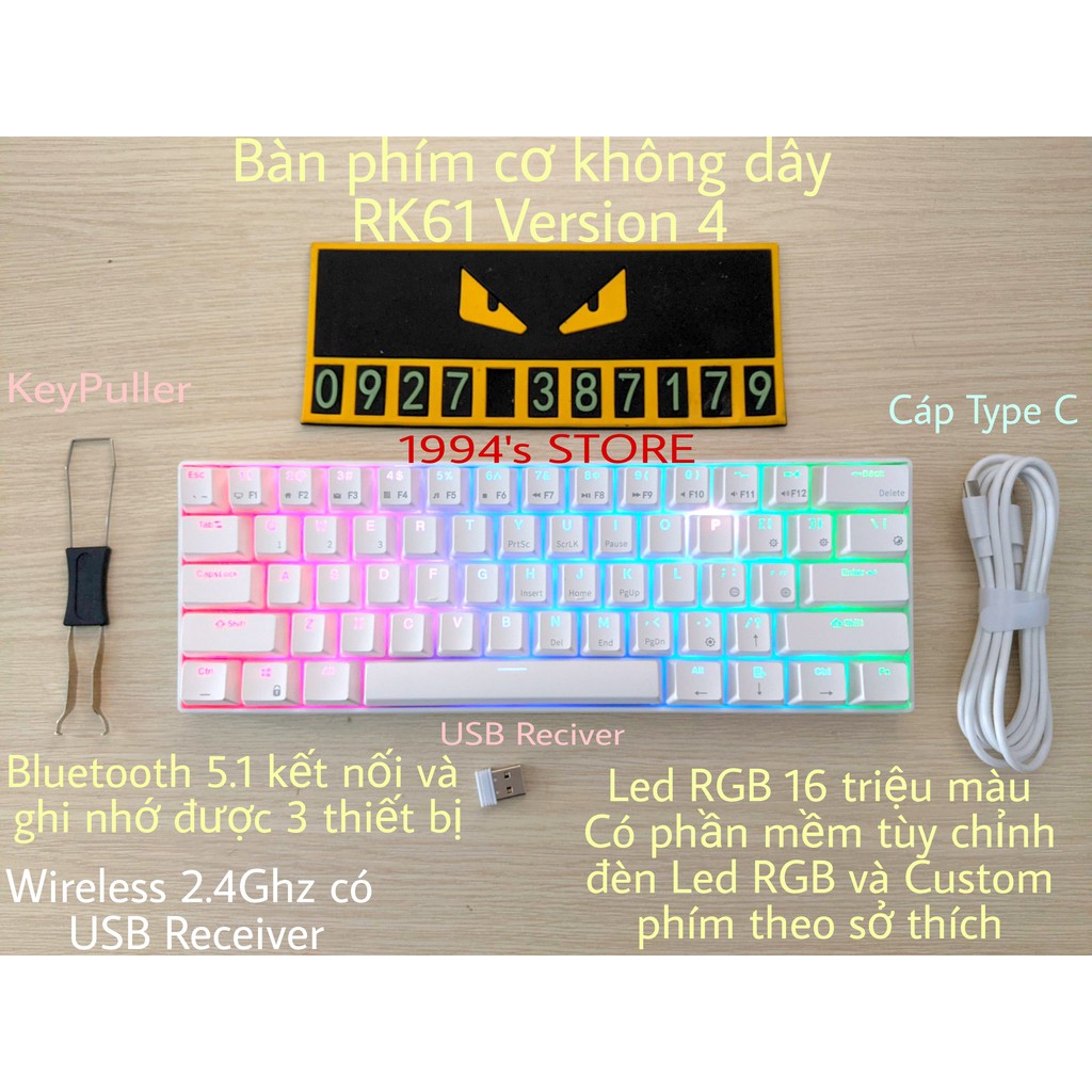 HOTSWAP - Bàn Phím Cơ RK61 Version 4.0 Bluetooth 5.1 - Wireless 2.4Ghz - Cáp Type C - Phần mềm chỉnh Led RGB và Custom