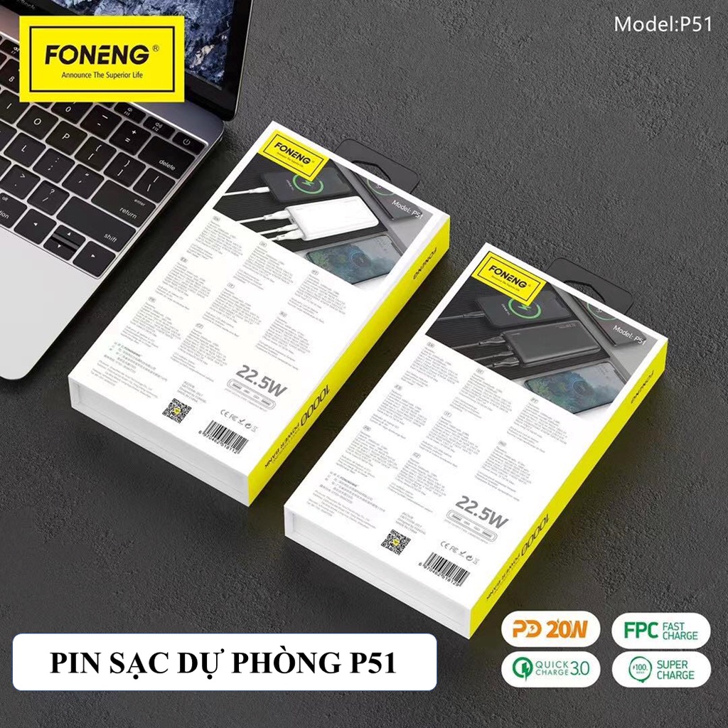 Sạc Pin Dự Phòng Foneng 10.000mAh P51- Sạc Nhanh PD 22.5W - Chính hãng Bảo Hành 12 Tháng