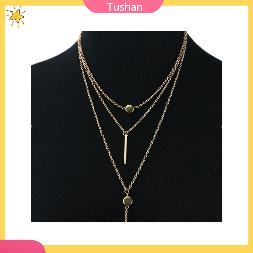 TUSH_Women Multi Layers Necklace Circle Bar Charm Pendant Boho Jewelry Birthday Gift