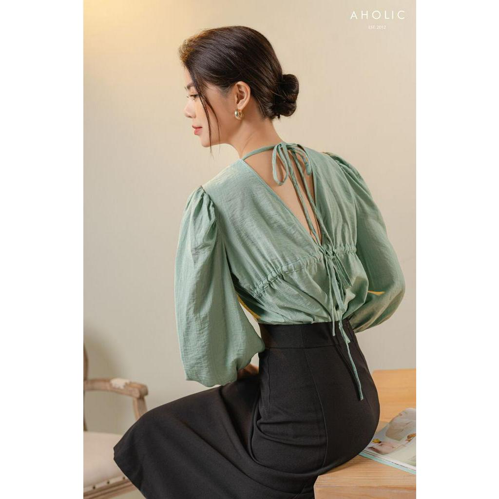 Áo kiểu sơ mi chất thô đũi rút nơ 3 màu Aholic A2874
