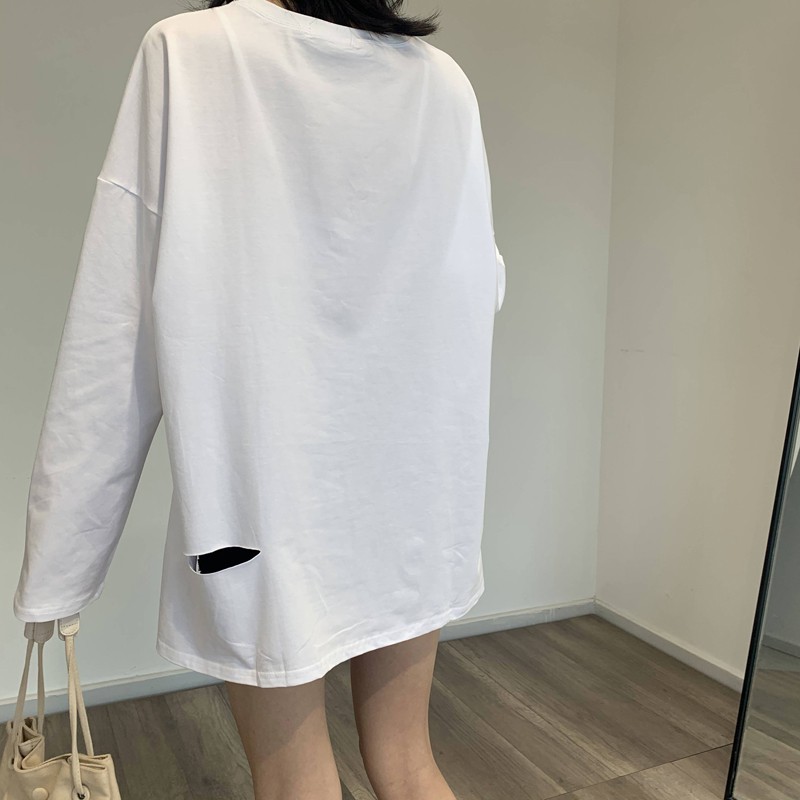 Áo Sweater Tay Dài Vải Cotton Phối Rách Cá Tính Thời Trang