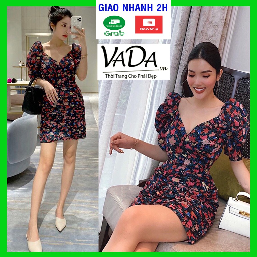 Đầm body dáng ôm in hoa 3D siêu xinh, cổ cách điệu sang trọng đi tiệc, đi chơi, cà phê cao cấp - Thời Trang VADA - VB222
