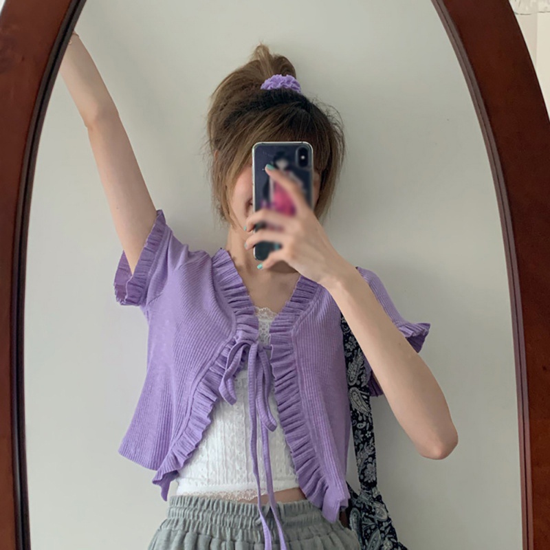 Áo Khoác Cardigan Dệt Kim Phối Ren Màu Sắc Đơn Giản Cho Nữ
