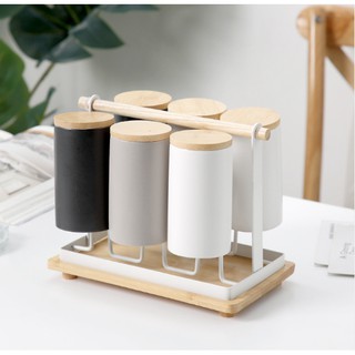 Bộ 6 ly uống nước đế gỗ + giá úp/khay phong cách tối giản vintage Nhật (hàng order)