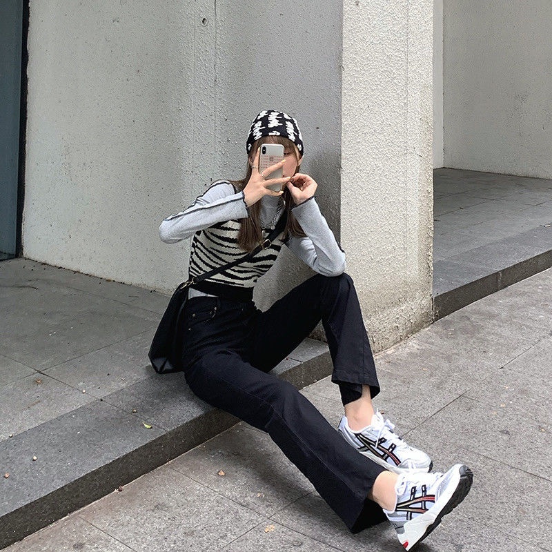 Quần jean dài ống loe lưng cao phong cách mùa thu 2021 mới cho nữ