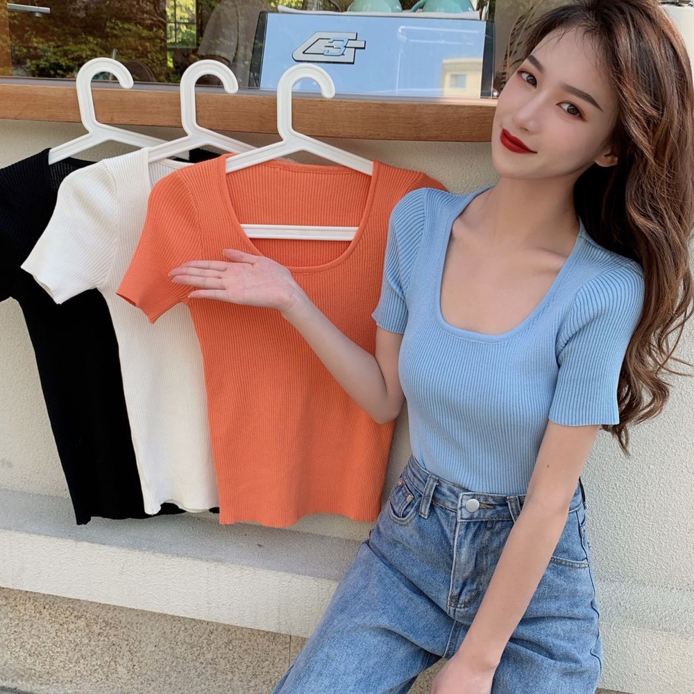 Áo Sweater Tay Ngắn Cổ Vuông Form Ôm Thời Trang Phương Tây