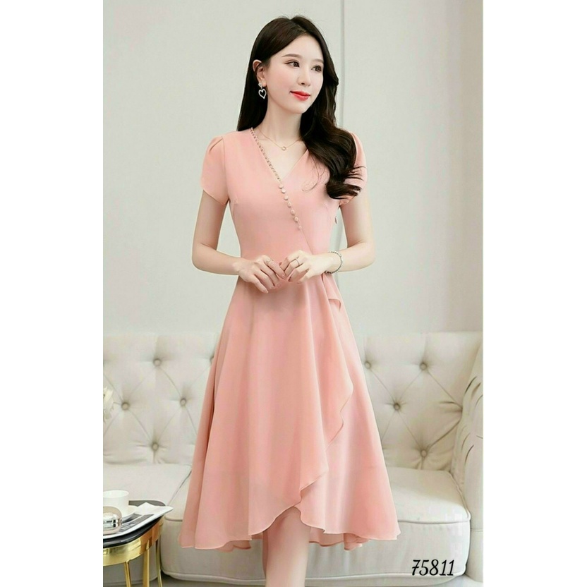 Đầm xòe chiffon vạt xéo phối nút DX095