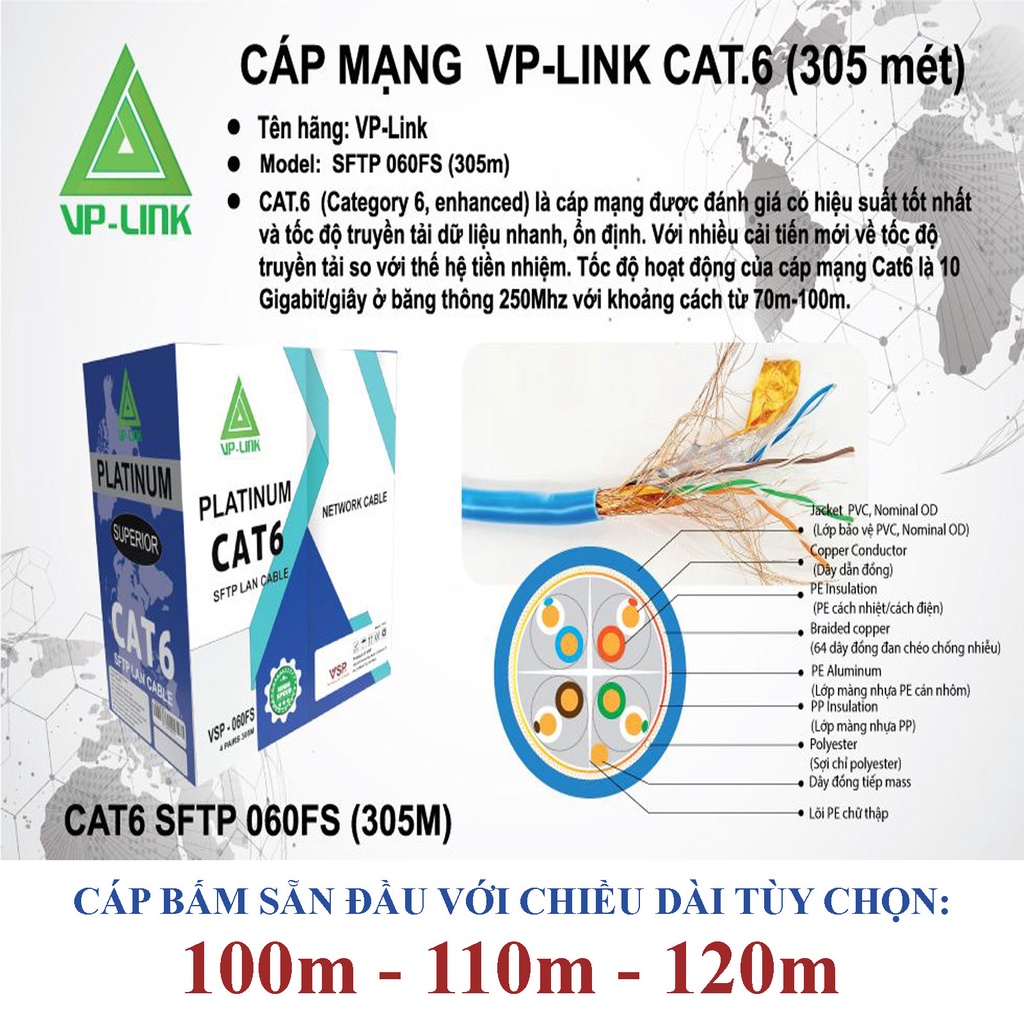 Dây Mạng VSP Cat6 SFTP bấm sẵn 2 đầu dài 100m 110m 120m - dùng được ngoài trời