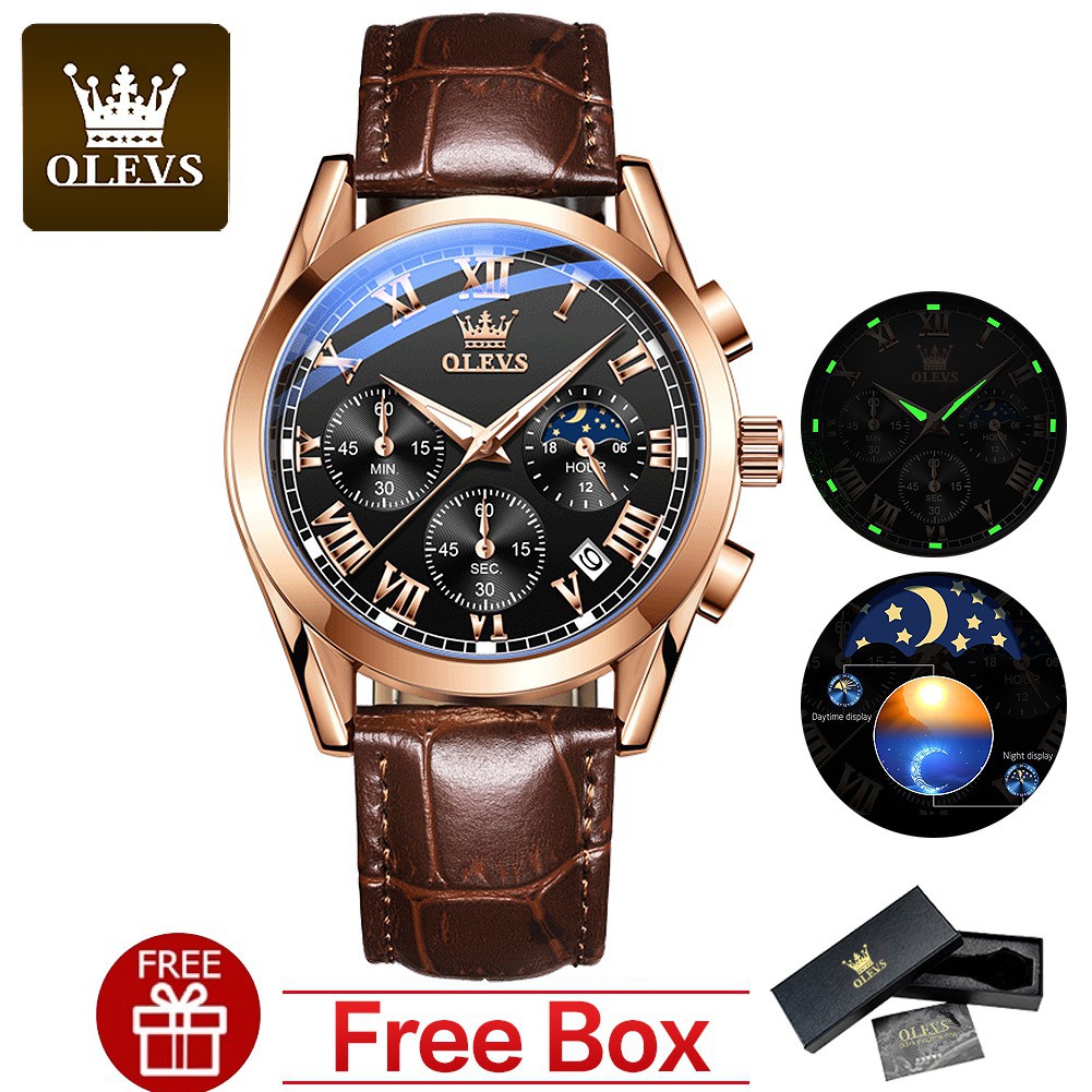 ┇✐▽> OLEVS Jam Tangan Lelaki Đồng hồ chống nước chính hãng dành cho nam Quartz Analog Da thật doanh nhân Sun Moon S