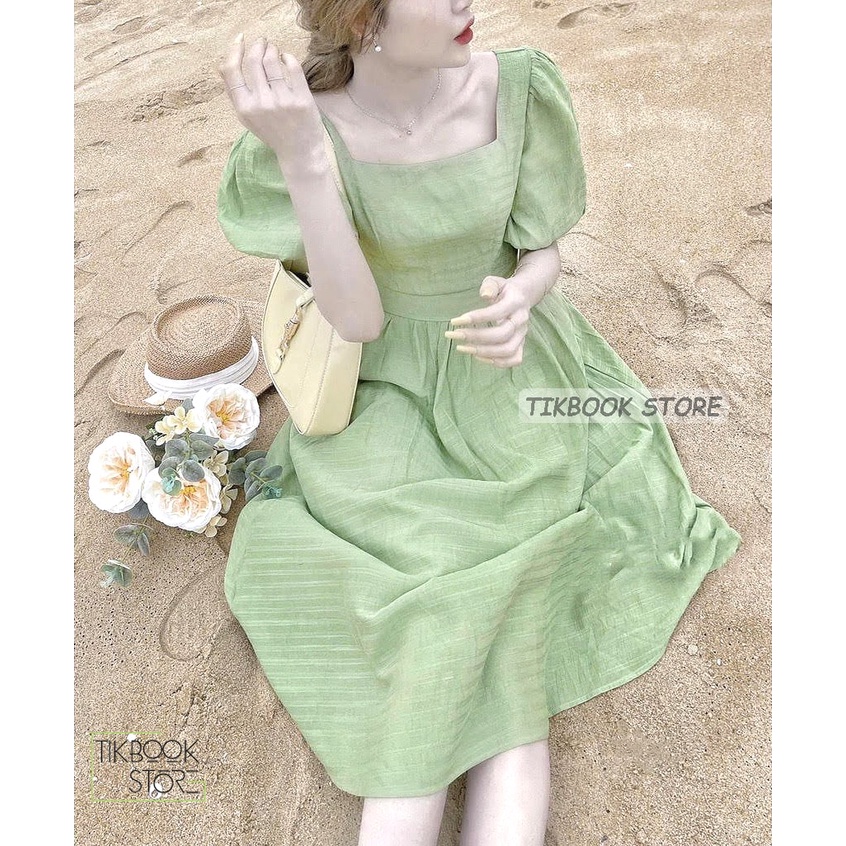 Có sẵn- Váy hè tay bồng, đầm cổ vuông dáng dài- Tikbook Store