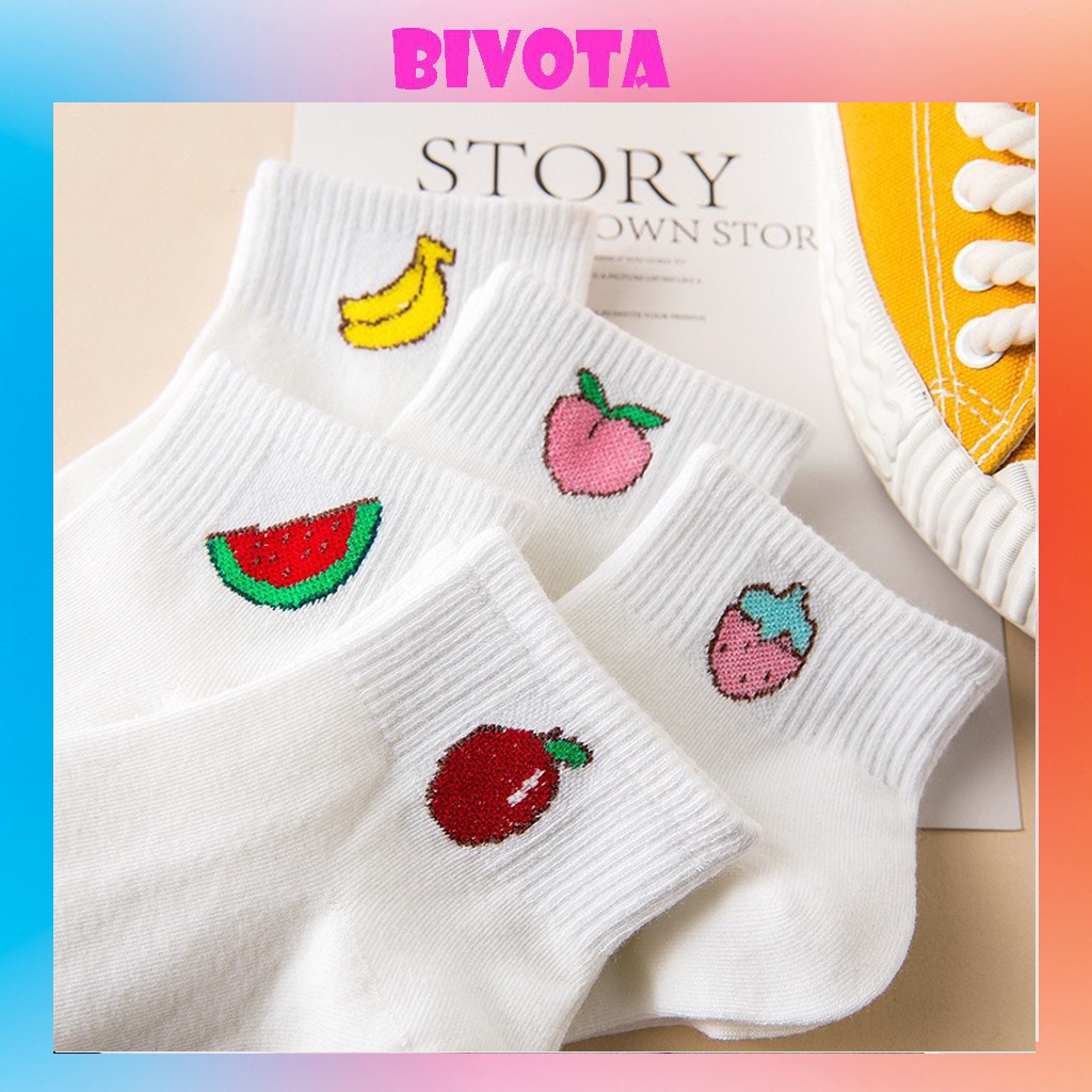 Set 5 đôi tất cổ cao Bivota vớ nữ in hình trái cây cực xinh T32