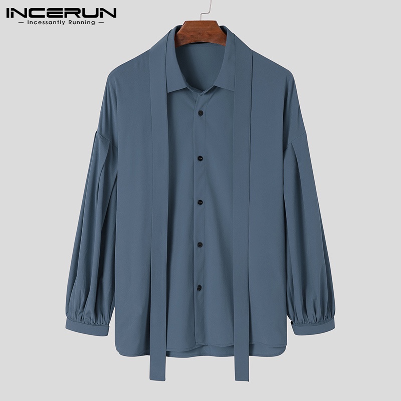 Áo sơ mi INCERUN tay dài phồng dáng rộng phối ruy băng phong cách xuân thu cho nam