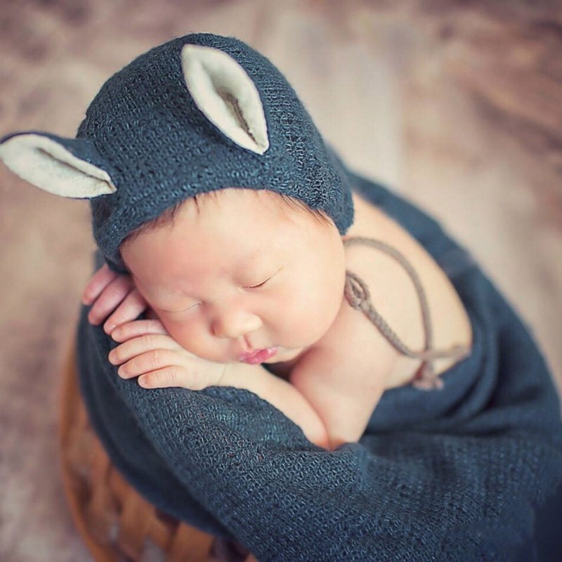 Bộ Chăn Dệt Kim Co Giãn + Mũ Làm Phụ Kiện Chụp Ảnh Cho Bé Sơ Sinh