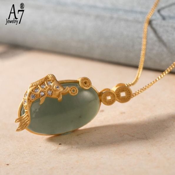 Vòng cổ Mạ Bạc 925 Mặt Hình Cá Chép Đính Đá Ngọc Lam Phong Cách Retro