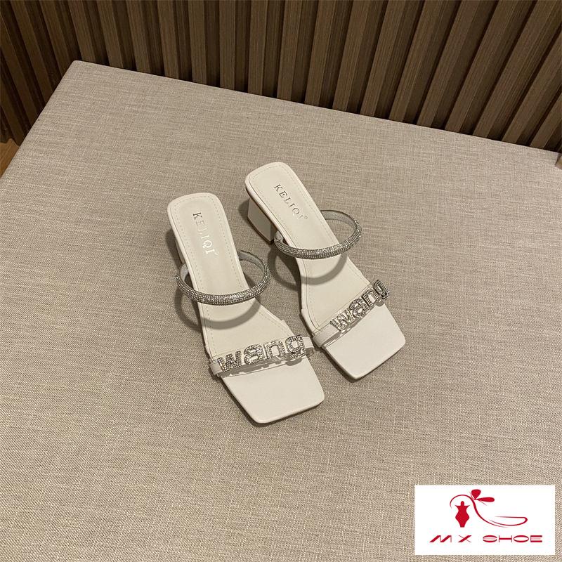 ~ Dép Sandal Đế Phẳng Dày Quai Ngang Đính Đá In Chữ Phong Cách Cổ Tích Thời Trang Mùa Hè