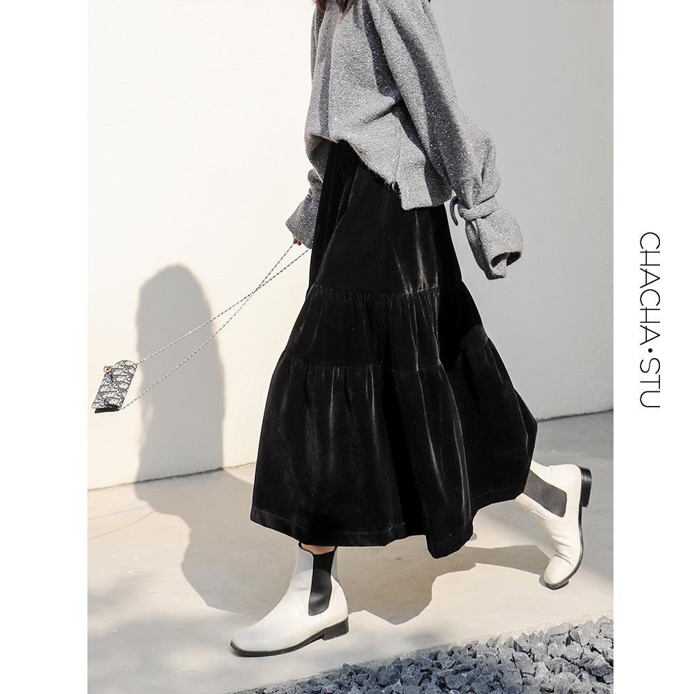 Chân váy chữ A dài trung bình màu đen bằng vải nhung dày thời trang thu đông thích hợp cho nữ