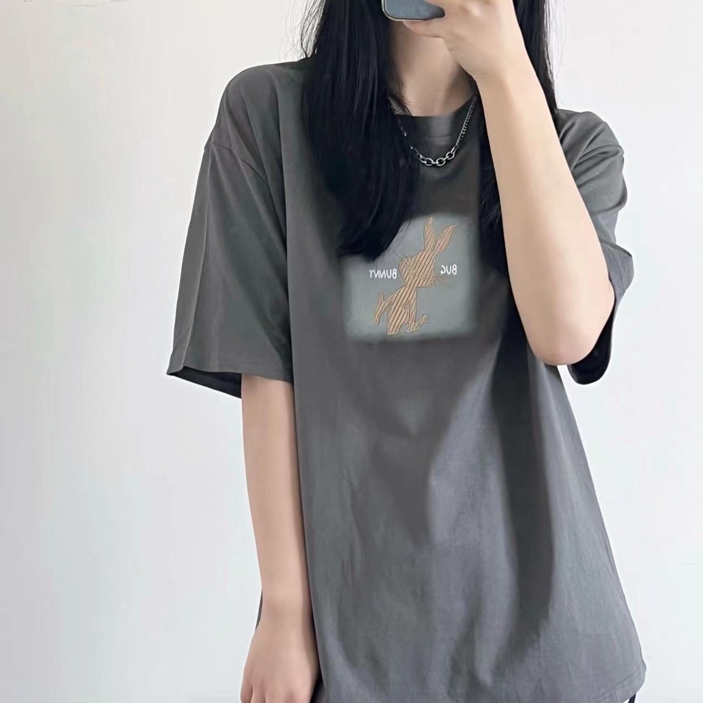 Áo thun ZHELIHANGFEI từ cotton ngắn tay dáng rộng in họa tiết hoạt hình xinh xắn