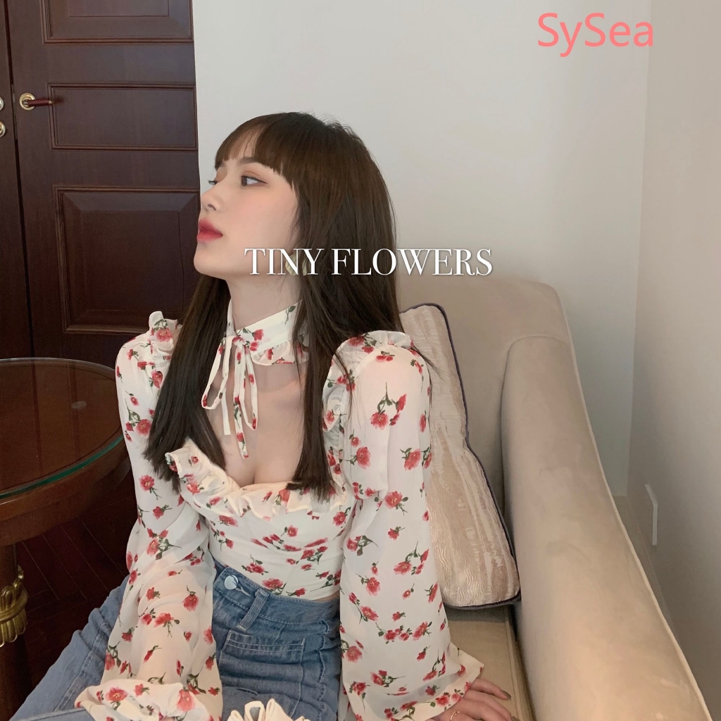 Áo Sơ Mi Croptop Tay Dài In Hoa Kiểu Hàn Quốc Xinh Xắn Cho Nữ