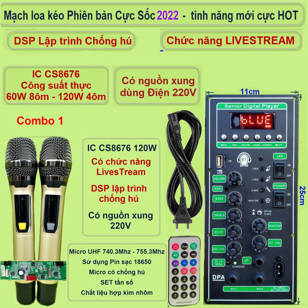 Mạch loa kéo 3 tấc đơn 3 đường tiếng LIVESTREAM DSP chống hú IC CS8676 120W nguồn xung 220V và micro đôi