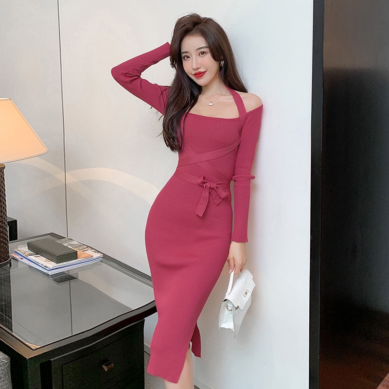 Đầm dệt kim phối ren thiết kế xẻ tà quyến rũ cho nữ