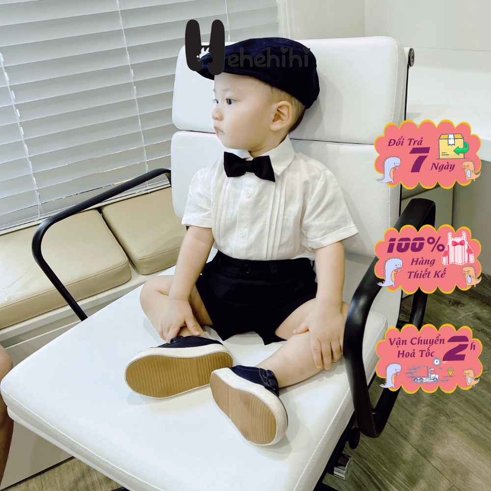 Áo sơ mi bé trai HEHEHIHI tay ngắn xếp ly màu trắng chất vải Linen Hàn Quốc thoáng mát A06