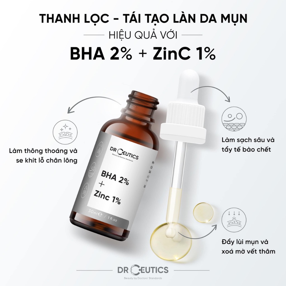 Serum DrCeutics BHA 2% + ZINC 1% 100ml giúp tẩy tế bào chết và giảm mụn