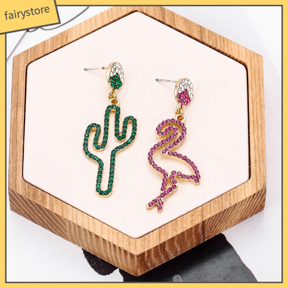 Đôi khuyên tai dài hình hồng hạc và cây xương rồng đính đá thời trang cho nữ