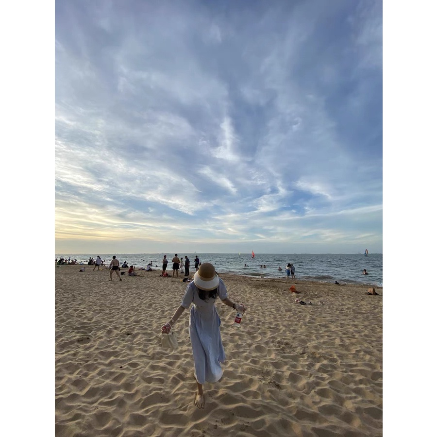 Váy MORAN phong cách vintage màu xanh/be eo thon xếp ly xòe dài đơn giản Hàn Quốc