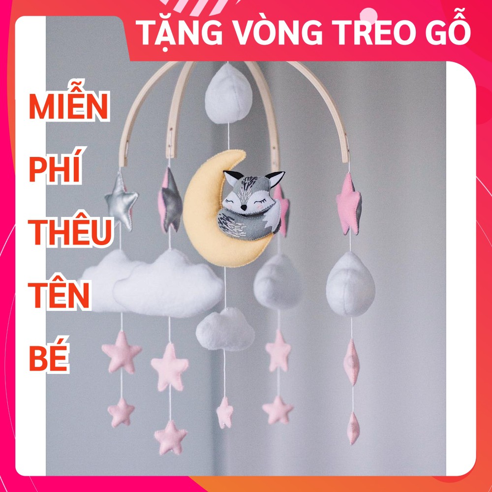 [MIỄN PHÍ THÊU TÊN BÉ] Đồ chơi treo nôi cũi cho bé kích thích thị giác ảnh thật, có nhạc tự xoay mẫu CÁO XÁM