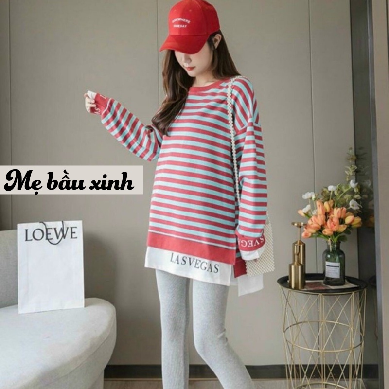 Áo bầu thu đông chất cotton dài tay sọc kẻ cực xinh A085
