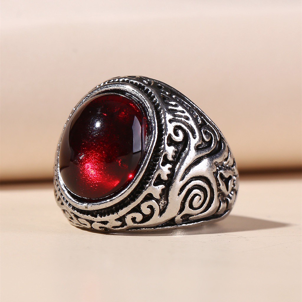 Nhẫn thép không gỉ đính đá ruby và ngọc lam nhiều màu thời trang cho nam nữ cỡ 7-12 tùy chọn