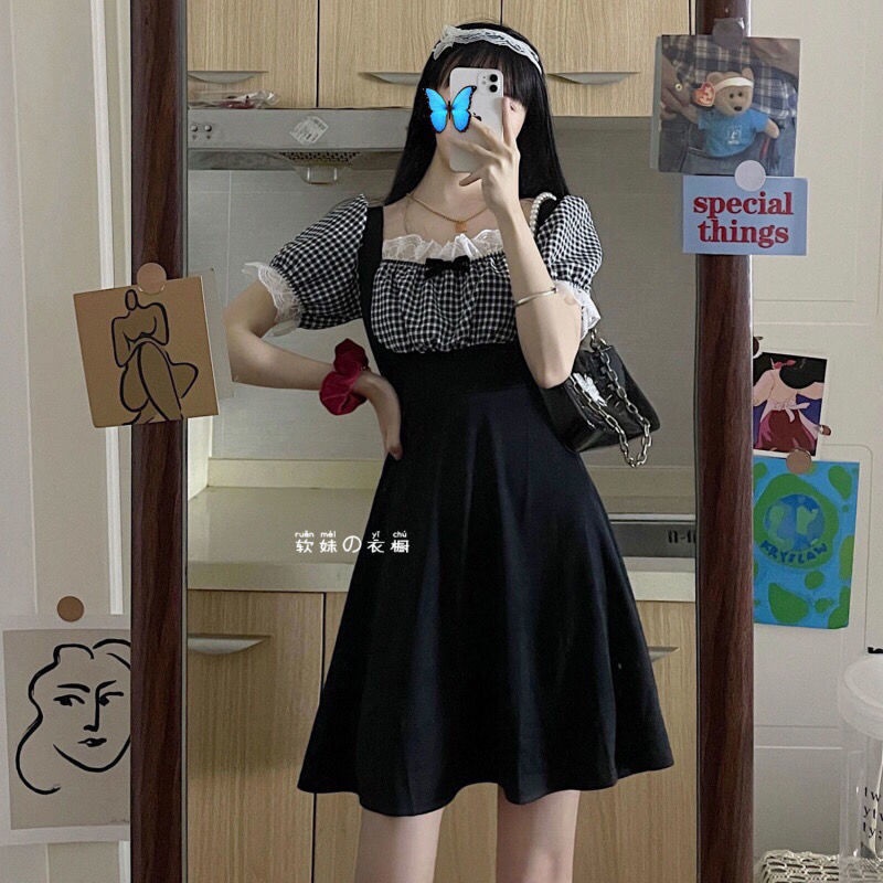Đầm Cổ Vuông Họa Tiết Sọc Caro Trắng Đen Phong Cách Retro Cho Nữ
