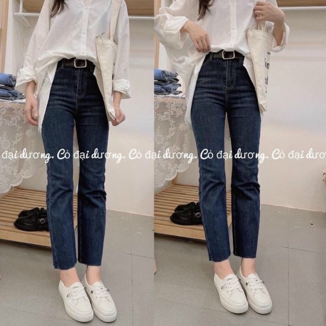 Quần jeans bò ống đứng cạp cao co dãn 4 chiều kèm ảnh thật shop chụp