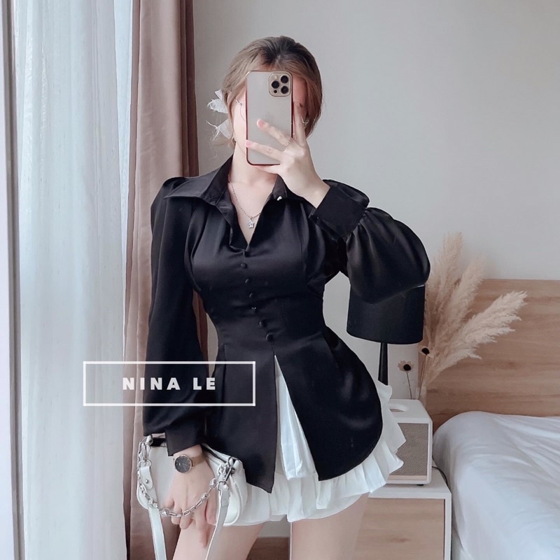 Áo Sơ Mi Nữ Linen Cổ Trụ Tay Bồng Kèm Túi Vuông Trước Ngực Phong Cách Hàn Quốc Ảnh Thật Tự Chụp