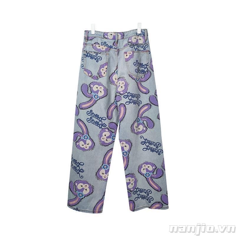 Quần jean lưng cao ống suông rộng in họa tiết hoạt hình cá tính | BigBuy360 - bigbuy360.vn