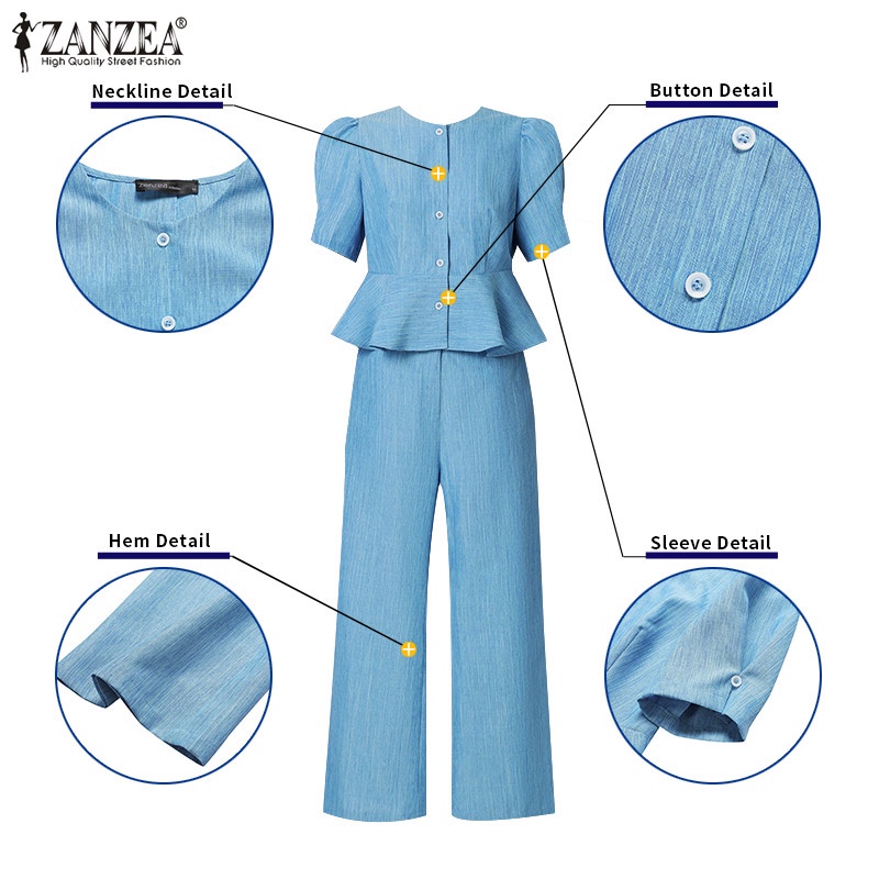 Zanzea Bộ Áo Ngắn Tay Cổ Tròn Phối Bèo + Quần Dài Lưng Thun Ống Đứng Thời Trang Cho Nữ