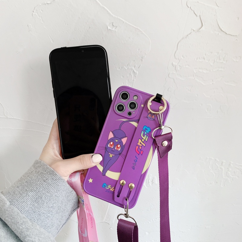 Ốp Điện Thoại Dẻo Họa Tiết Hoạt Hình Mèo Luna Dễ Thương Kèm Giá Đỡ &amp; Dây Đeo Cho iPhone14 13 12 11 Pro Max Plus