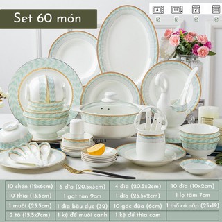 Bộ bát đĩa sứ xương cao cấp - bộ bát 60 món vân kẻ xanh viền vàng phụ kiện bàn ăn và quà tặng tân gia sang trọng