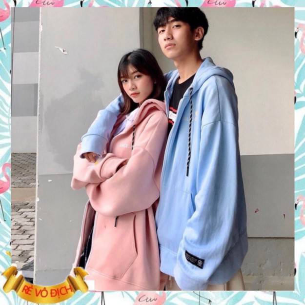 (mới) ÁO KHOÁC HOODIE CHỮ A IN LƯNG HOA CÚC XANH HỒNG - ÁO NỈ MŨ ANGEL LAND Couple ULZZANG