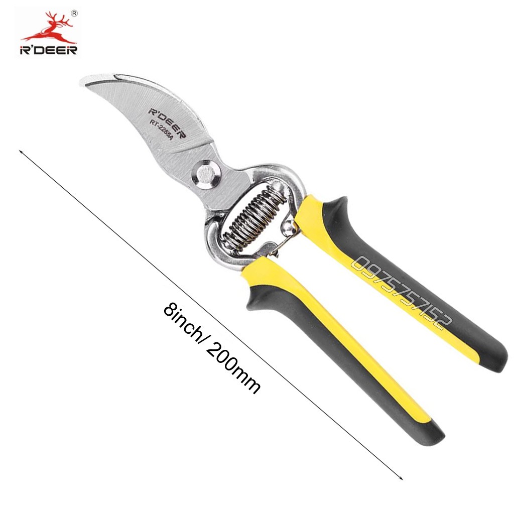 Kéo cắt cành thép đúc nguyên khối R'DEER 8 inch/ 200mm, kéo làm vườn thép Carbon siêu cứng, siêu sắc, an toàn chất lượng