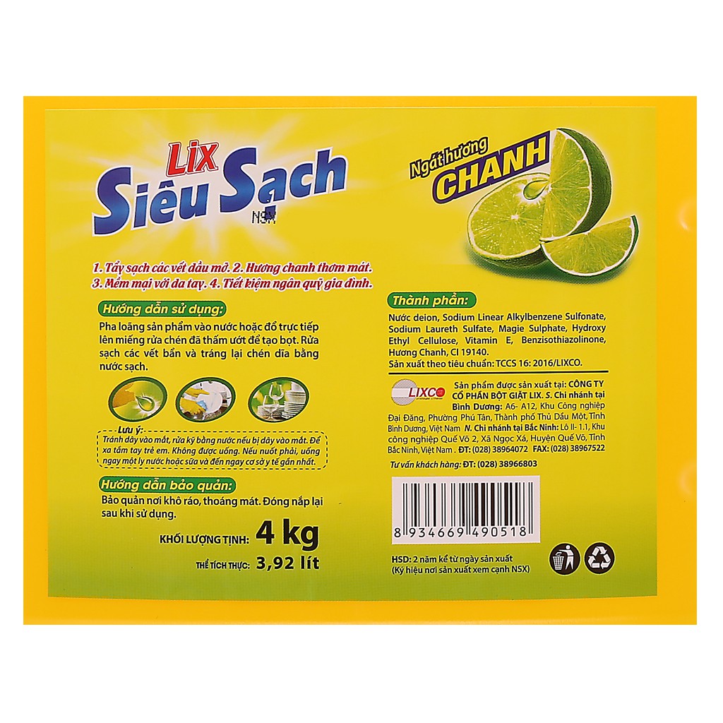 Nước Rửa Chén Lix Siêu Sạch Hương Chanh Can 3.6kg