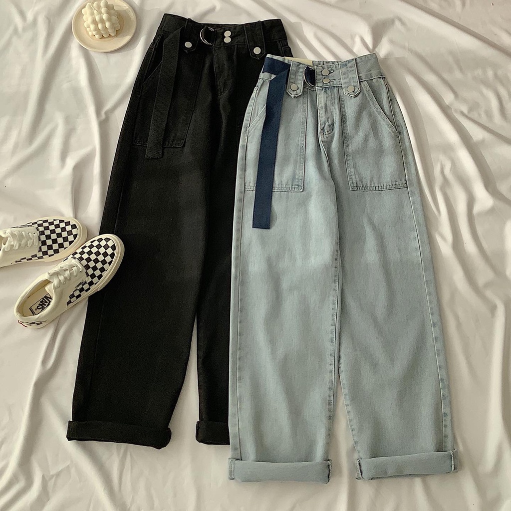 Quần Jeans Nữ Ống Suông Lưng Cao JEMCLOSET Onje Kèm Dây Rút Eo Điều Chỉnh All Size Phong Cách Hàn Quốc - 2671 - HÀNG MỚI