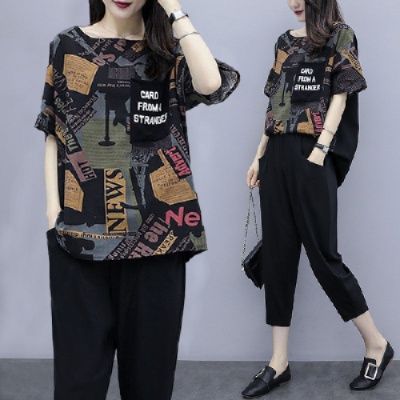 Set Đồ Hai Mảnh Áo Tay Ngắn Quần Lửng Phong Cách Châu Âu Mùa Hè Cỡ Lớn 200 Jin Dành Cho Phụ Nữ Mũm Mĩm