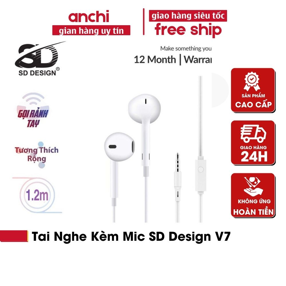 Tai nghe nhét tai giá rẻ chính hãng SD DESIGN V7 chất âm hay có mic và bảng điều chỉnh âm lượng