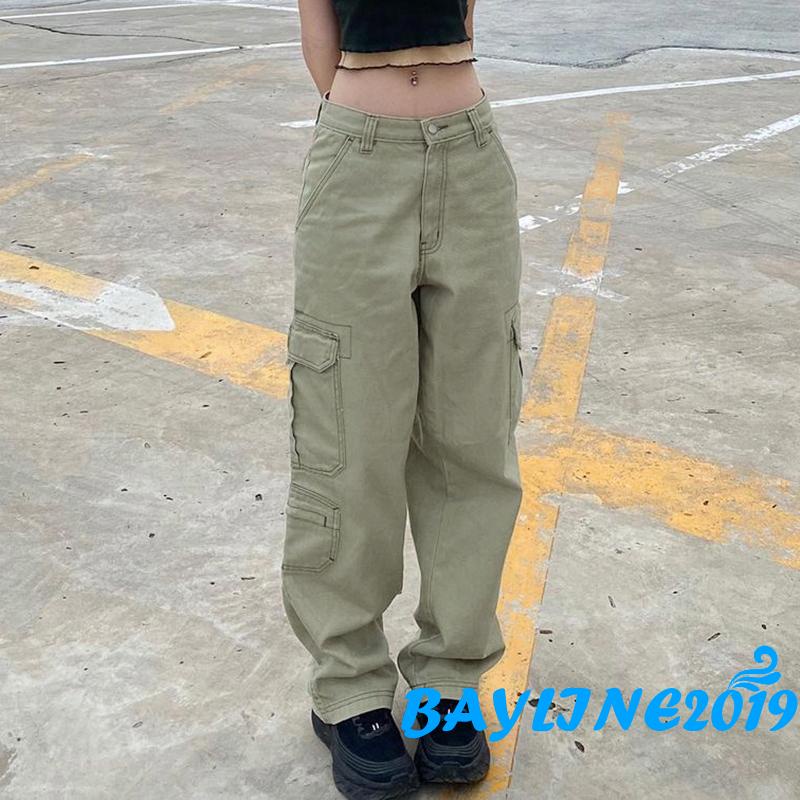 Bay-quần Jean Túi Hộp Lưng Vừa Dáng Rộng Màu Trơn Đơn Giản Với Nhiều Túi Màu Xanh Lá Cây Dành Cho Bạn Nữ