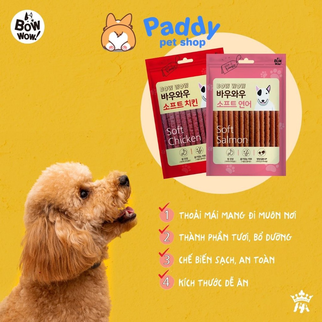 [Túi lớn 150g] Cá Hồi &amp; Gà Que Bowwow Soft Snack Cho Chó