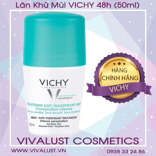 Lăn Khử Mùi VICHY 48h Traitement Anti- Transpirant (50ml) - Giúp Khô Thoáng Vùng Da Dưới Cánh Tay