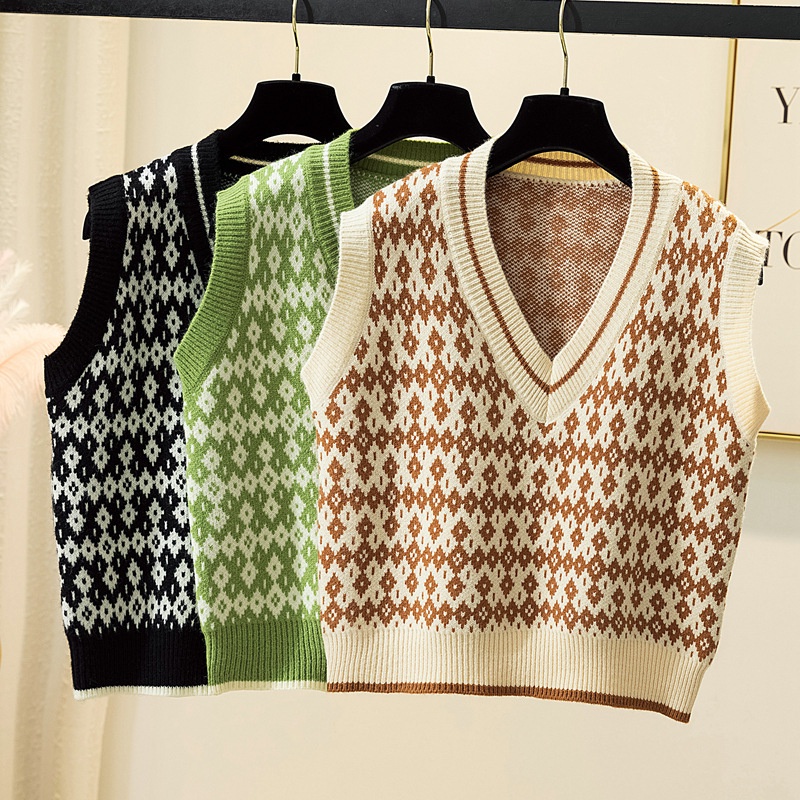 Áo Khoác Len Không Tay Thời Trang Retro Cho Nữ Áo ghi lê dệt kim cổ chữ
