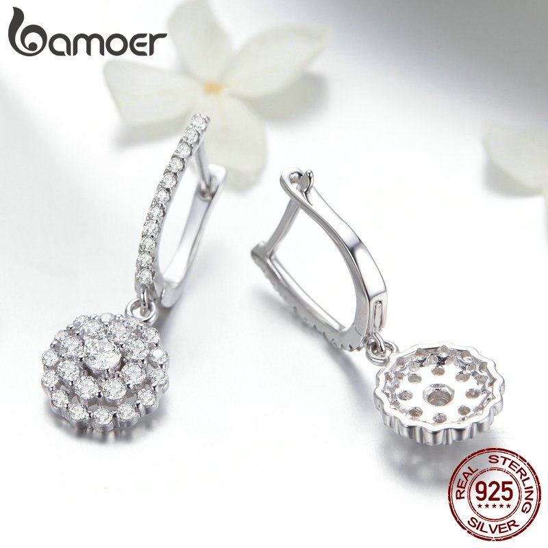 Bông Tai Bamoer SCE517 Bằng Bạc 925 Thật Hình Tròn Đính Đá Zircon Dành Cho Nữ